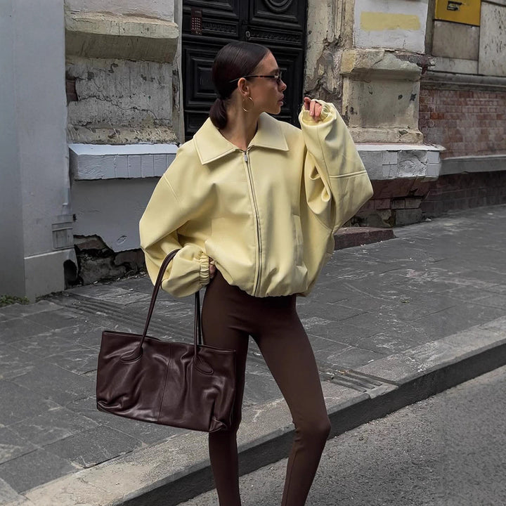 Women's Oversize Bomber Jacket with Oversized Balloon Sleeves and Zipper Amarae