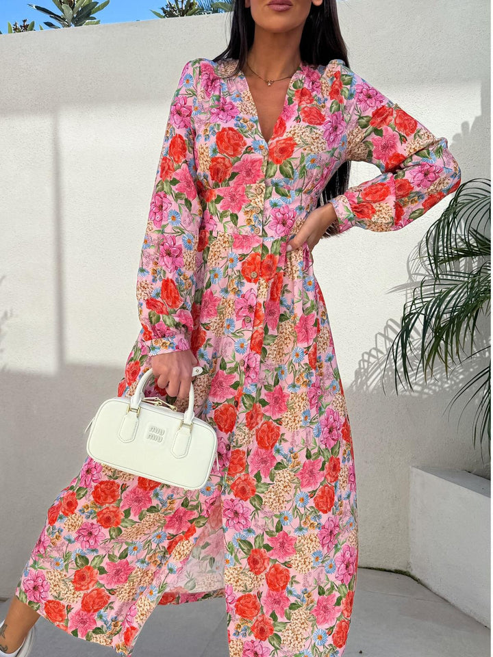 Elegant maxi dresses for women with floral patterns and button details Lune London