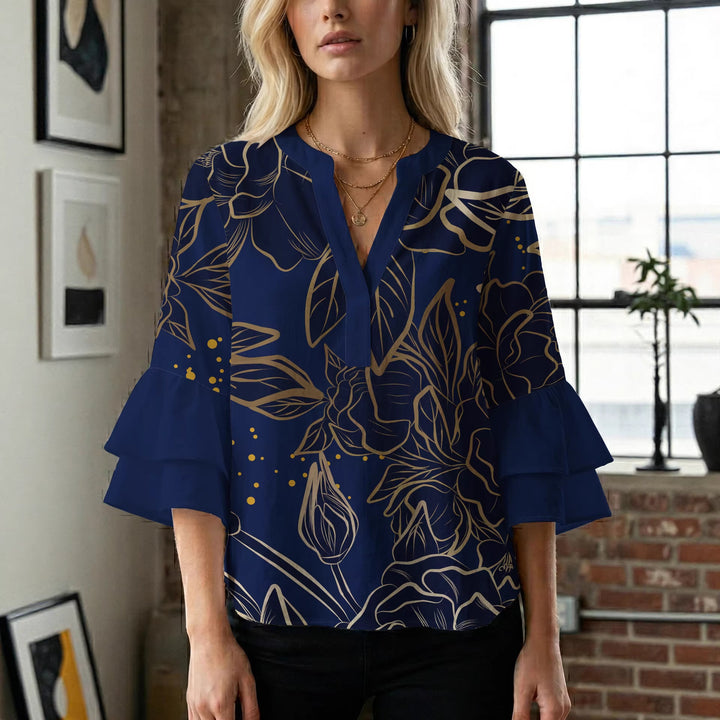 Ladies blouse with voluminous ruffled sleeves and floral print Lune London