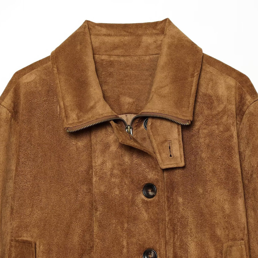 Women's short blouse jacket made of velour suede with button placket, concealed zipper, and elastic hem Amarae