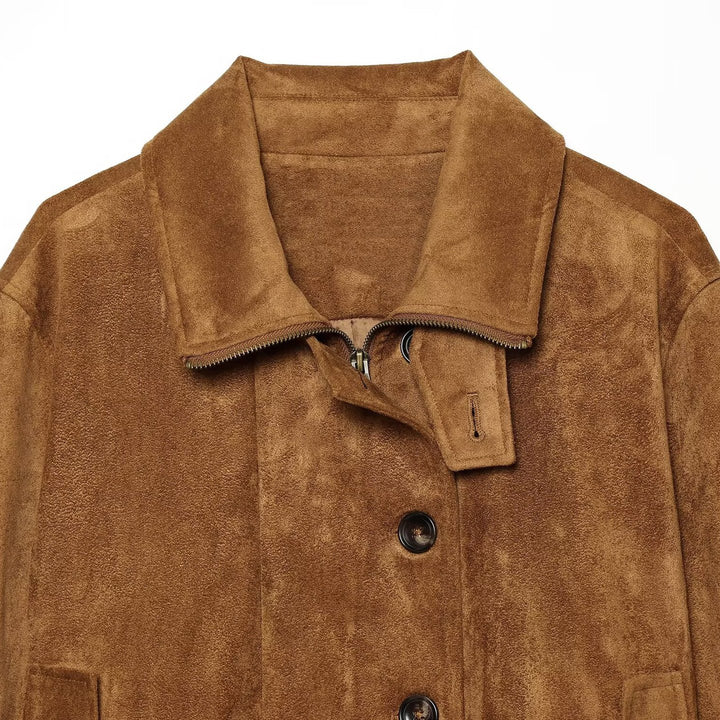 Women's short blouse jacket made of velour suede with button placket, concealed zipper, and elastic hem Amarae