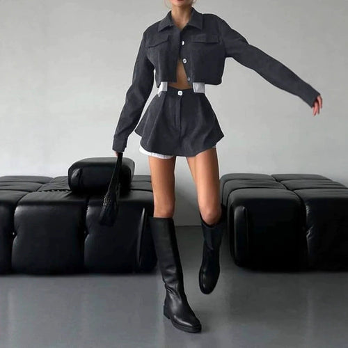 Women's stylish corduroy suit set with short jacket and flared skirt