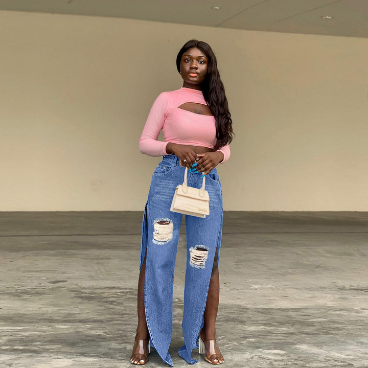 Ladies tapered denim jeans with high side slits and destroyed knee area Amarae