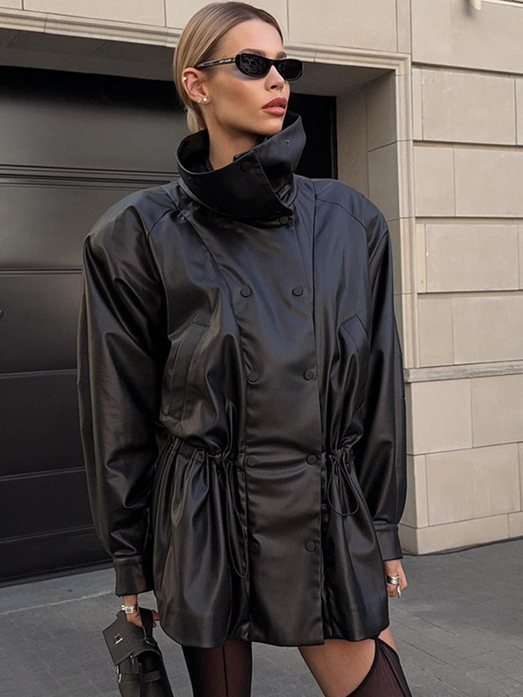 Women Oversize Faux Leather Parka with High Stand Collar and Adjustable Drawstring Amarae