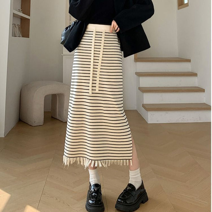 Jupe midi rayée pour femmes avec franges Chic & Stil