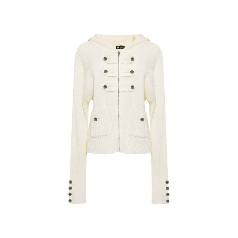 Women's ribbed hooded cardigan with zipper, decorative button placket and patch pockets Amarae