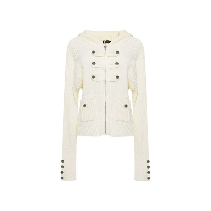 Women's ribbed hooded cardigan with zipper, decorative button placket and patch pockets Amarae