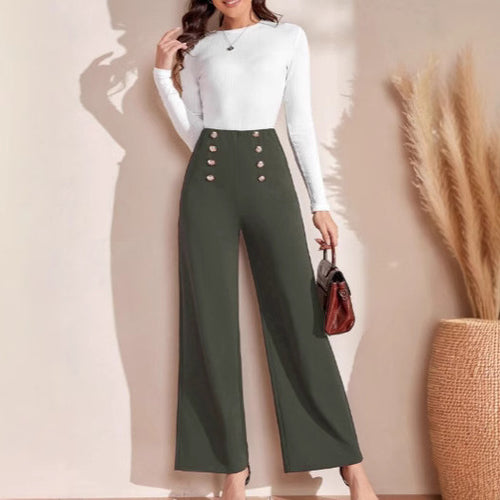 High-waisted wide-leg pants for women with decorative buttons Amarae
