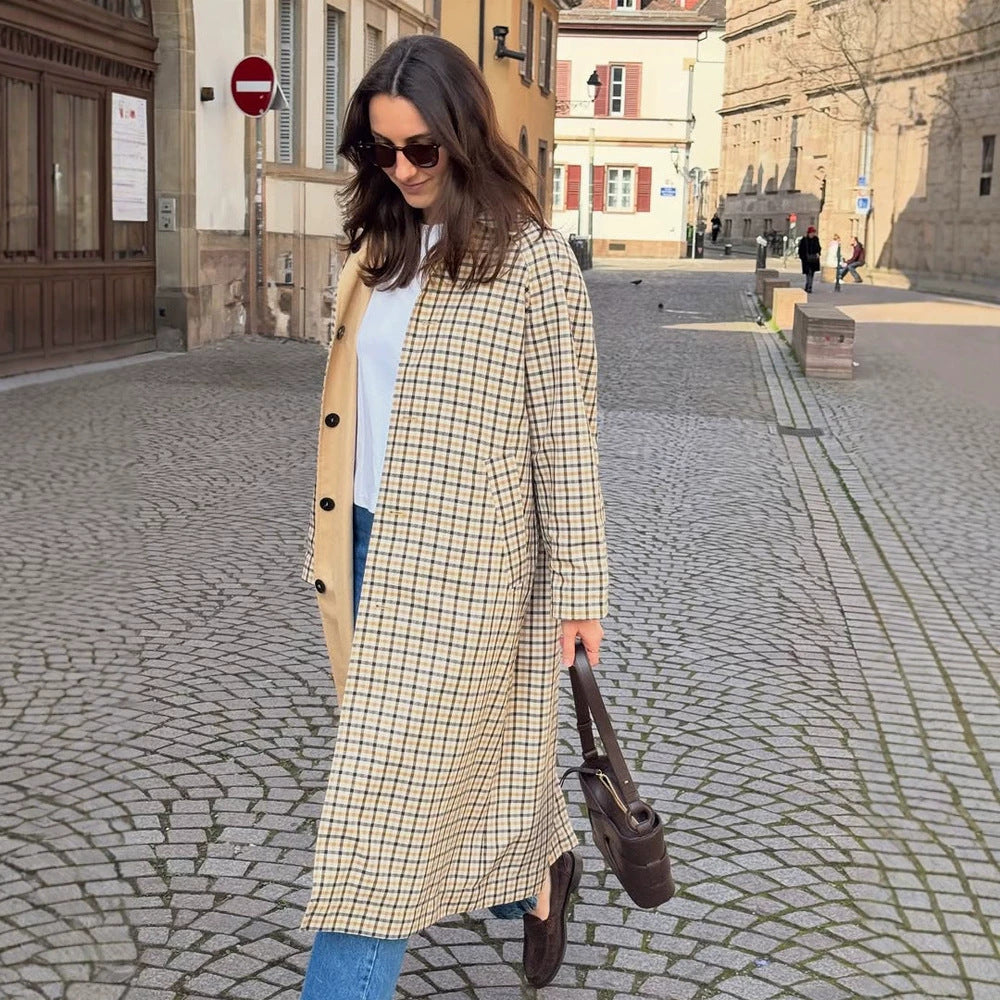 Women’s Maxi Long Checked Wool Blend Coat with Straight Silhouette Amarae