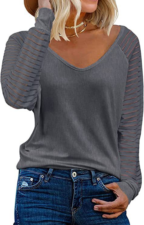 Woman V-neck top with transparent striped sleeves Lune London