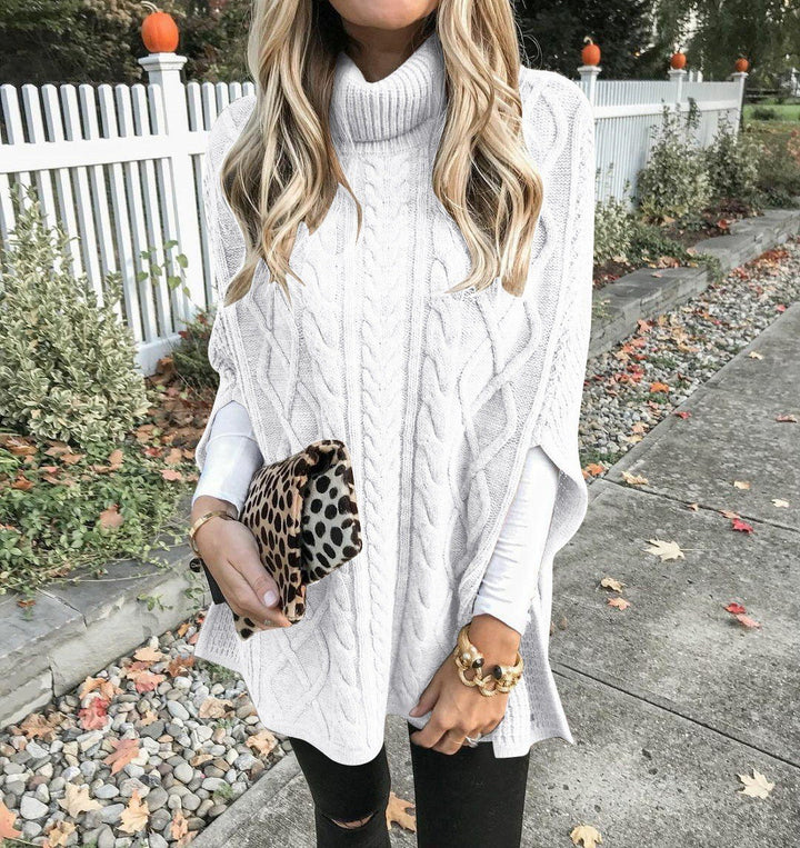 Knit poncho for women with high collar and decorative braided pattern Lune London