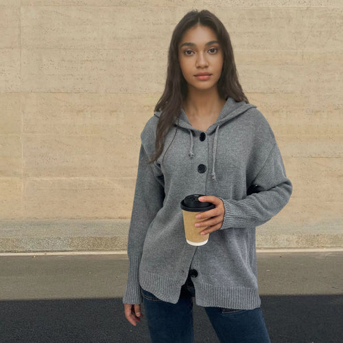 Casual knit cardigan for women with hood and large buttons Amarae