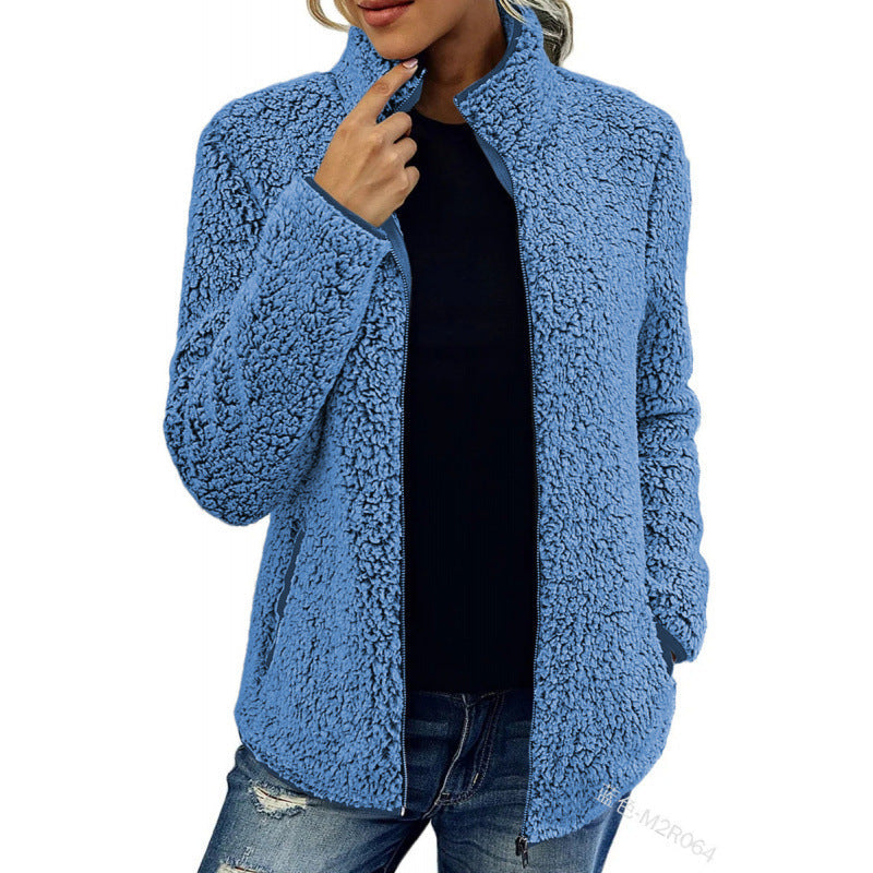 Women's Fluffy Fleece Jacket with High Collar and Side Pockets Lune London