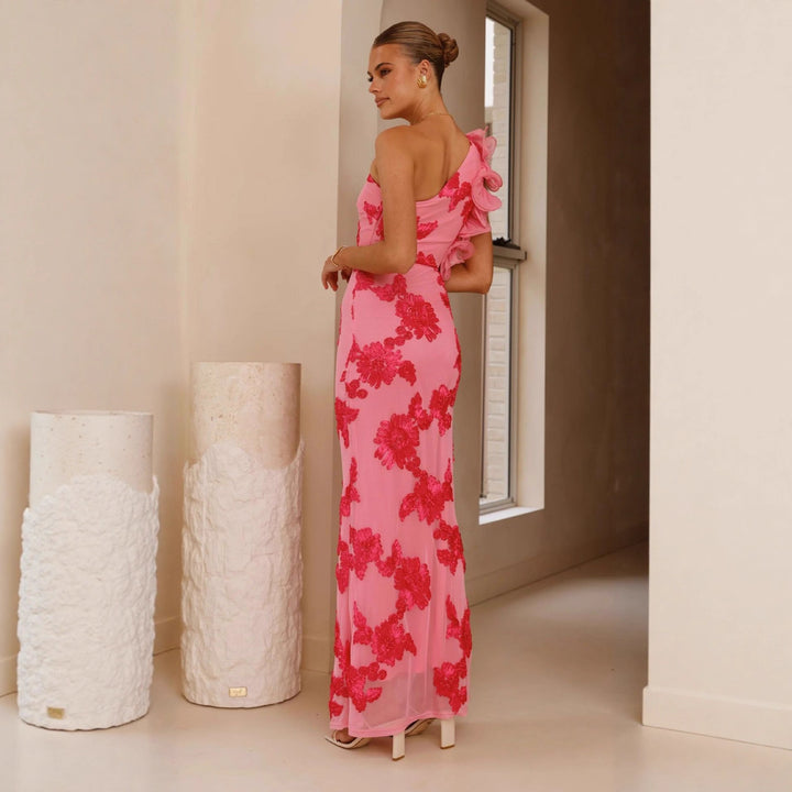 Elegant evening dress for women with asymmetric strap and floral appliqués Chic & Stil