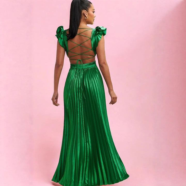 Ladies Glamorous Pleated Maxi Dress with Deep V-Neck and Puff Sleeves Lune London
