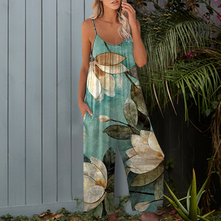 Ladies summer jumpsuit with floral design and practical pockets Lune London