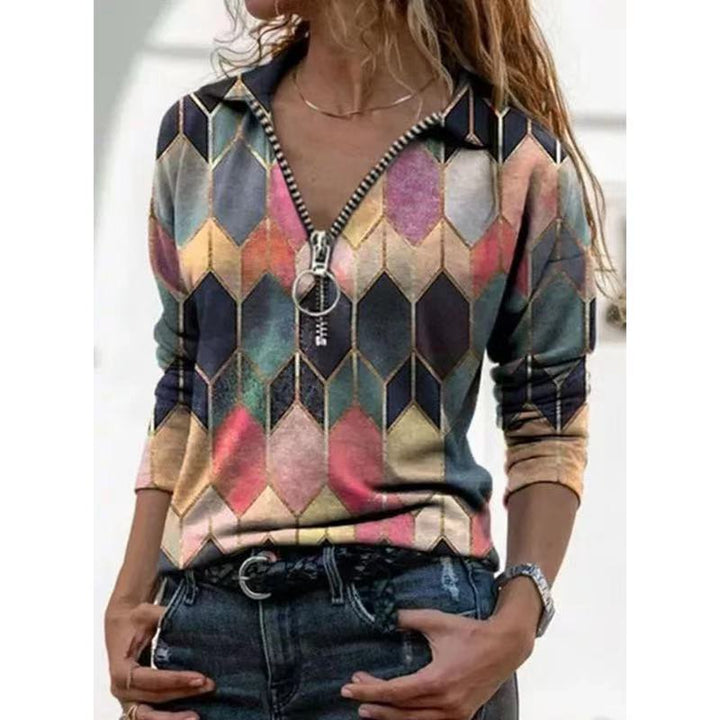 Women's zip pullover with polo collar, graphic diamond print and slim fit Amarae