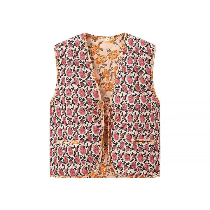 Women's Padded Quilted Vest with Floral Allover Print, Tie Belt and Decorative Piping Amarae