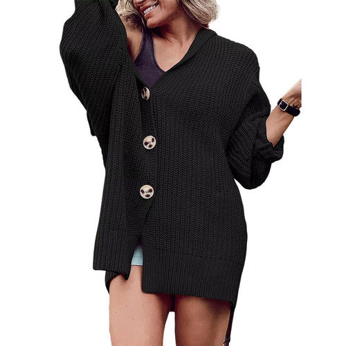 Ladies chunky knit cardigan with hood and trendy button details Amarae