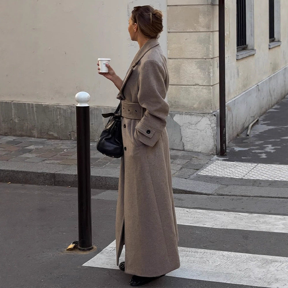 Women Maximal Wool Coat with Double-Breasted Button Placket and Wide Waist Belt Amarae