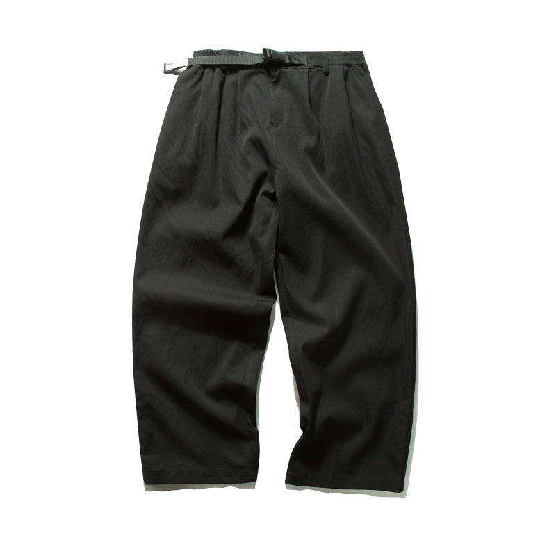 Men's Wide Relaxed Twill Pants with Elastic Waistband, D-Ring Belt, and Pleats Amarae