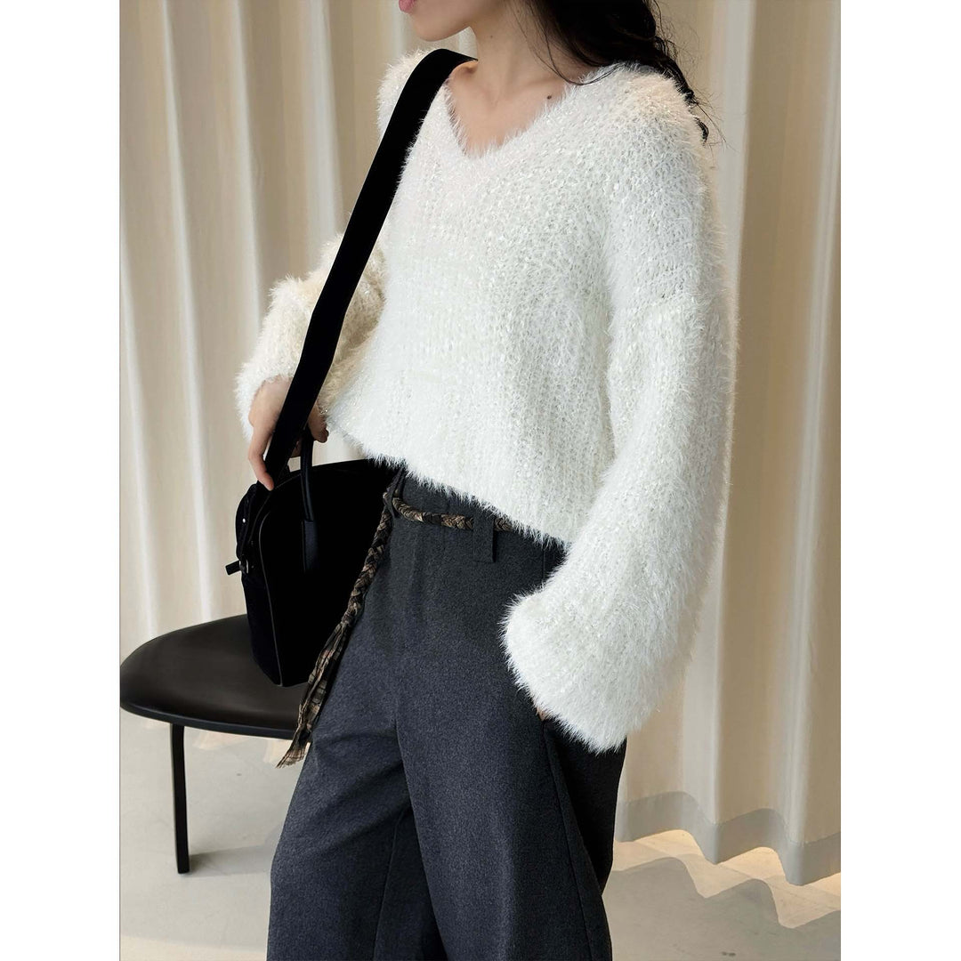 Women Fluffy Mohair-Look V-Neck Sweater with Glitter Threads Amarae