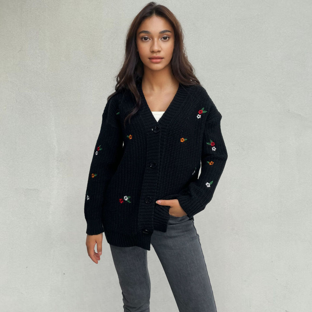 Ladies Thick-Knit Cardigan with 3D Floral Pattern and Comfortable Fit Lune London