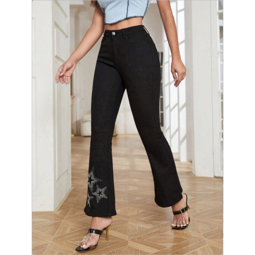 Women's High-Waisted Stretch Bootcut Jeans with Rhinestone Star Applique at Hem Amarae