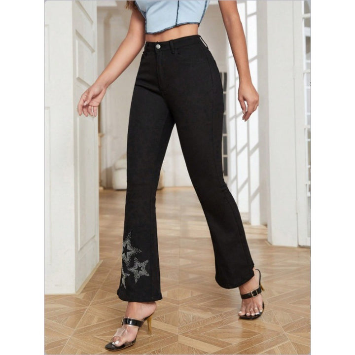 Women's High-Waisted Stretch Bootcut Jeans with Rhinestone Star Applique at Hem Amarae