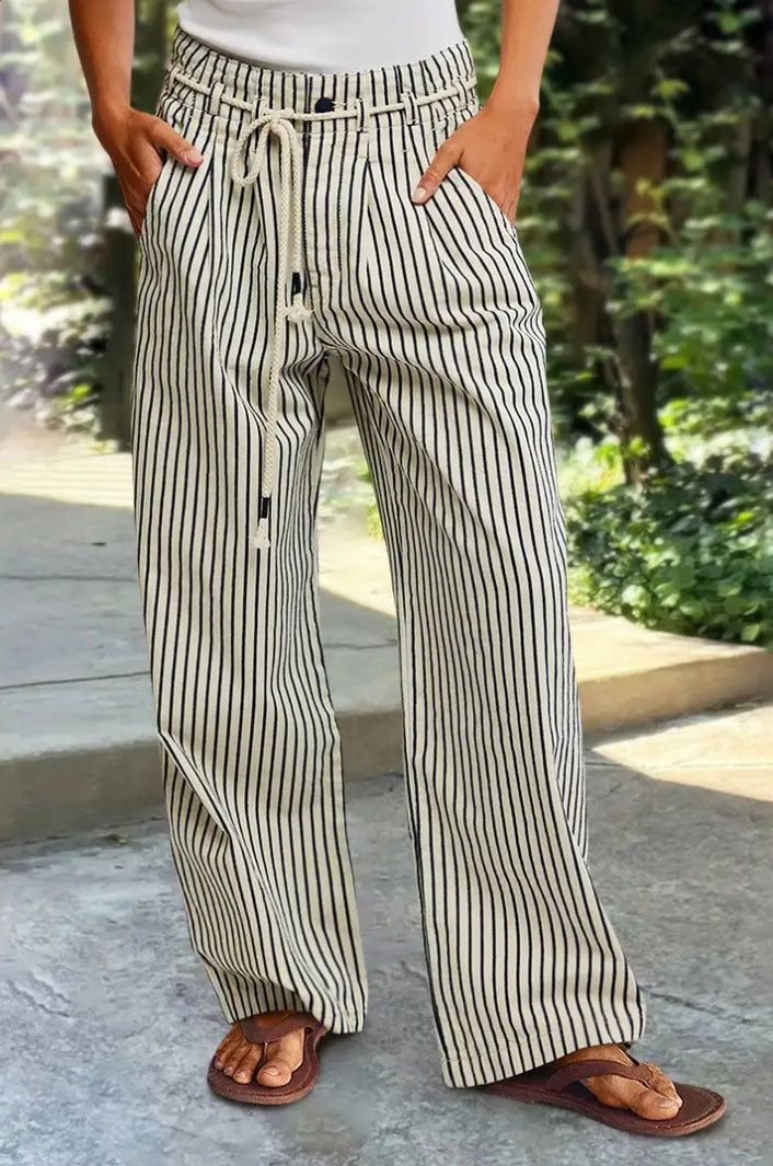Casual wide striped pants for women with elastic waistband and tie belt Lune London