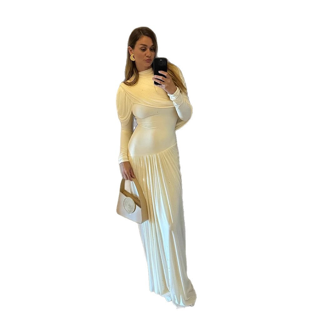 Women Pleated Maxi Evening Dress with Draped Shoulders and Long Sleeves Amarae