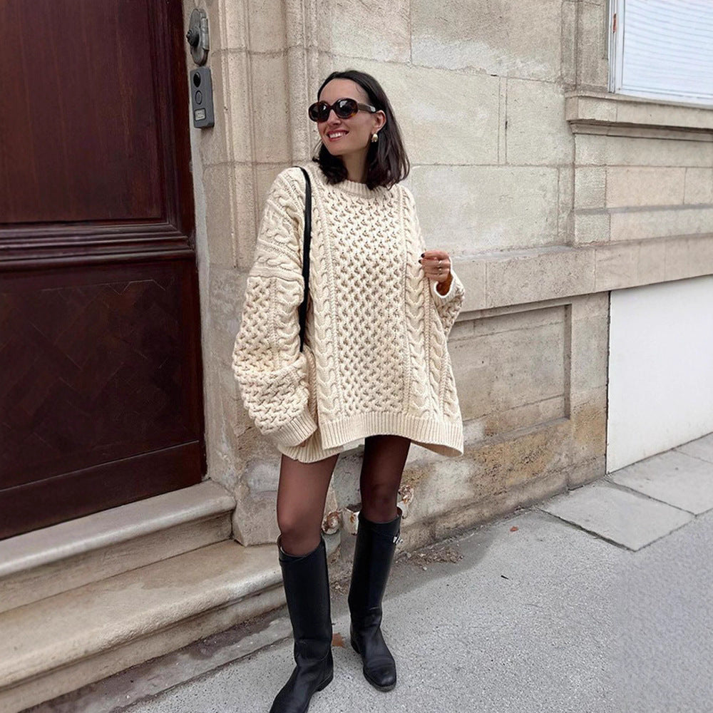 Women's Oversized Chunky Knit Sweater with Cable Knit Pattern and Wide Balloon Sleeves Amarae