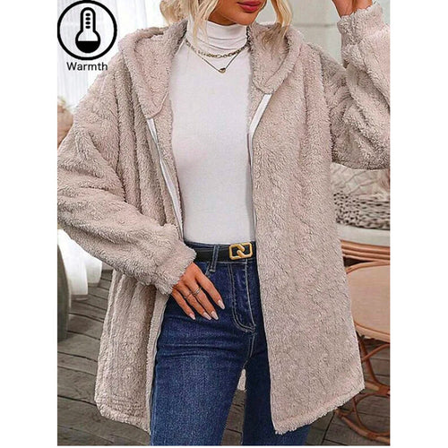 Women Plush Hooded Jacket with Deep Collar and Side Pockets Amarae