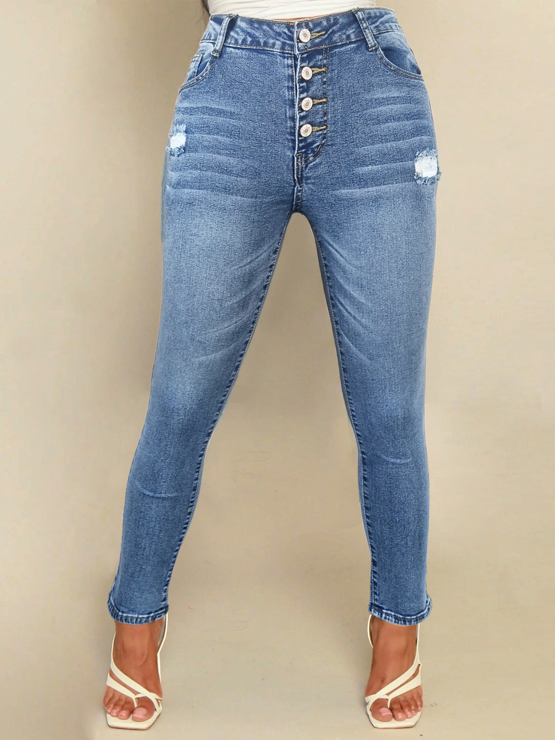 Women High-Waisted Sculpting Skinny Jeans with Visible Button Placket and Subtle Destroyed Detail Amarae