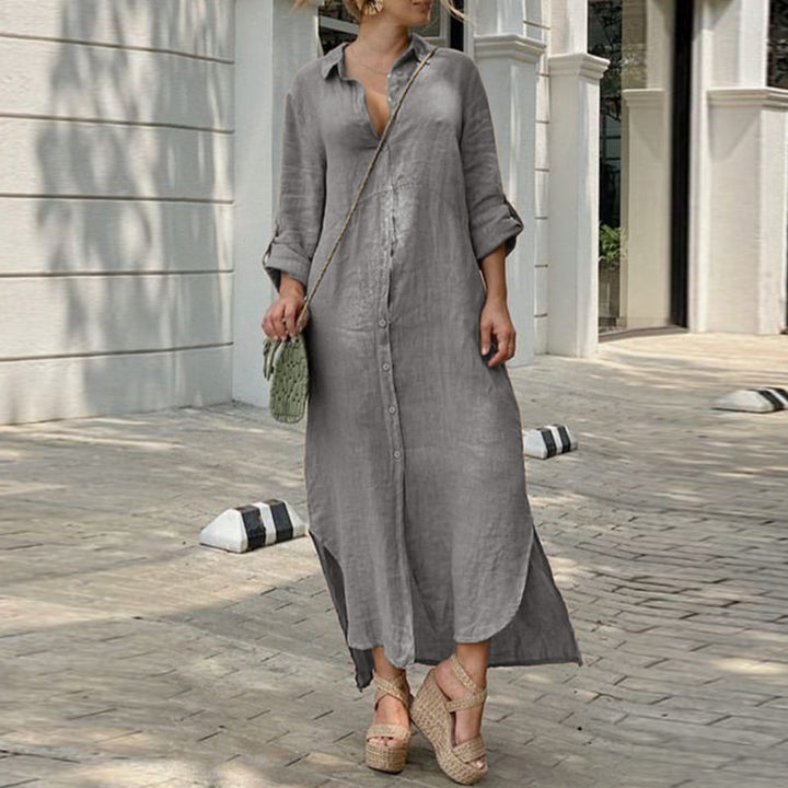 Women's button-up shirt dress with a continuous button placket, side slits, and 3/4 sleeves Amarae
