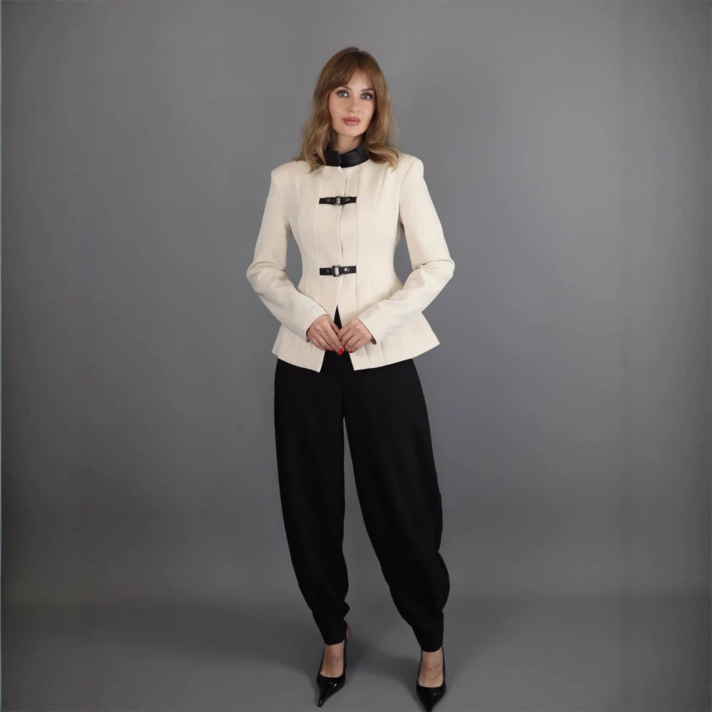 Women's Tailored Blazer with Stand-Up Collar, Waist Seams, and Decorative Strap Closures Amarae