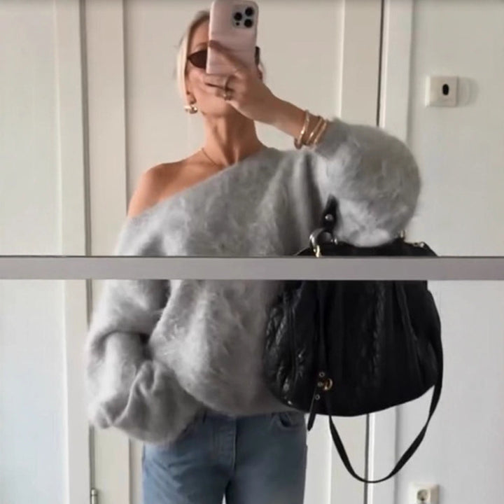 Women Oversize Mohair Blend Off-Shoulder Sweater with Balloon Sleeves Amarae