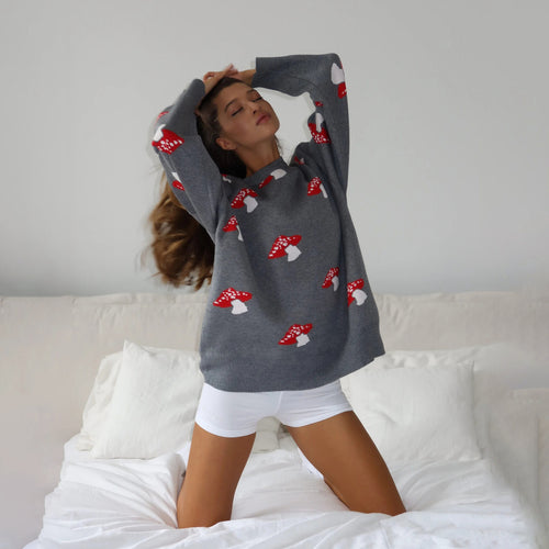 Knitted sweater for ladies with playful mushroom pattern Amarae