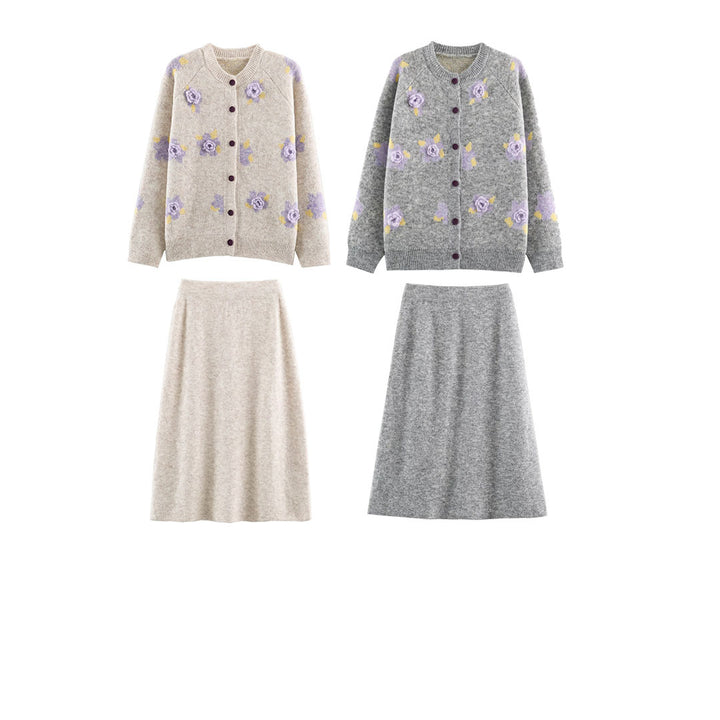 Women's Fine Knit Two-Piece Cardigan with Floral Jacquard and Tailored A-Line Knit Skirt Amarae