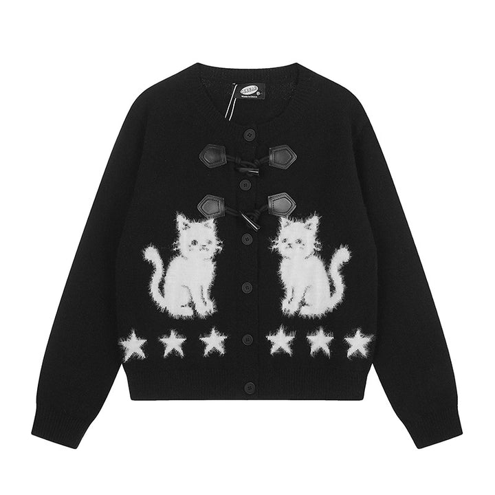 Women's cardigan with cat jacquard, decorative toggle closure and star trim Amarae