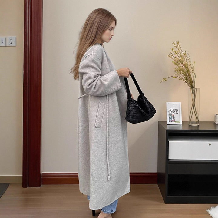 Women's Oversized Wool Blend Coat with Open Fall, Wide Shawl Collar, and Straight Cut Amarae