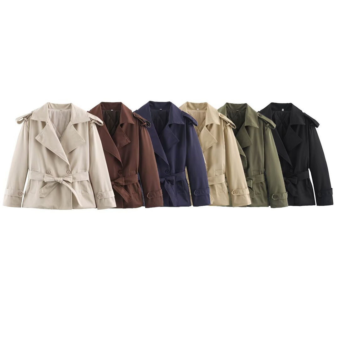Women's Tailored Short Trench Coat with Tie Belt and Shoulder Patches Amarae