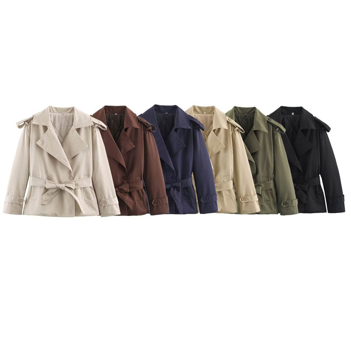 Women's Tailored Short Trench Coat with Tie Belt and Shoulder Patches Amarae