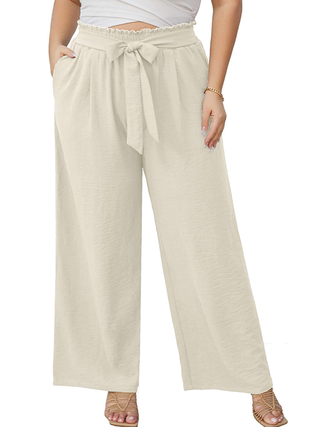 Women's Wide Culottes in Linen Look with Paperbag Waist, Tied Belt and Side Pockets Amarae