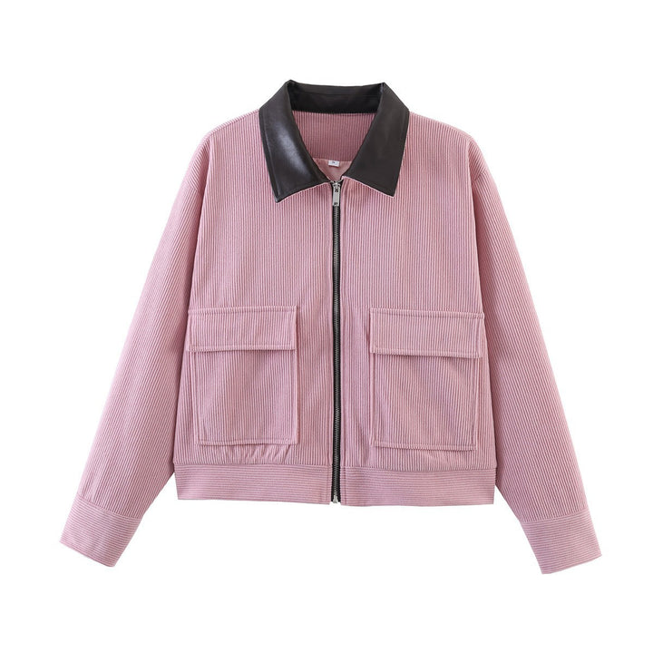 Ladies short-cut cord jacket with lapel collar made of faux leather and patch flap pockets Amarae