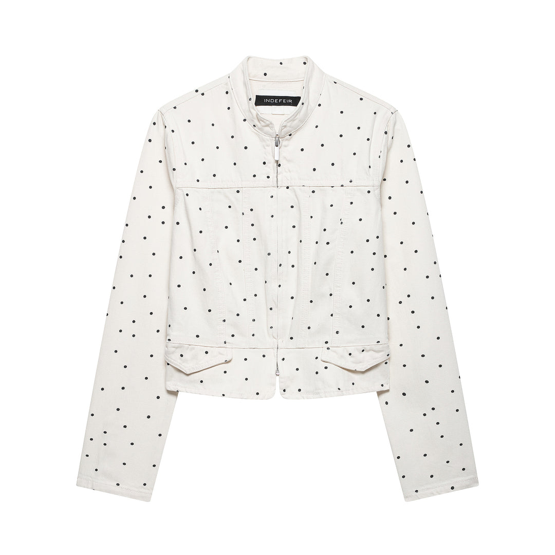Women's Polka Dot Cropped Denim Jacket with Stand-up Collar, Zipper and Flap Pockets Amarae