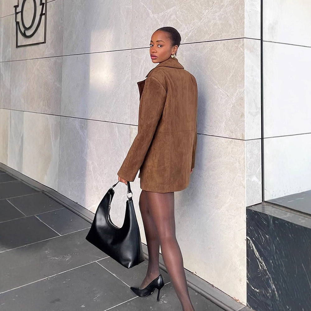 Women Short Suede Blazer Coat with Boxy Oversized Silhouette and Lapel Collar Amarae