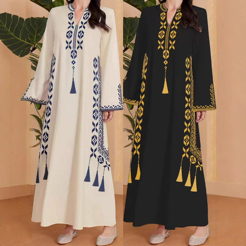 Caftan dress for women with an artistic embroidered design and an elegant V-neck Amarae