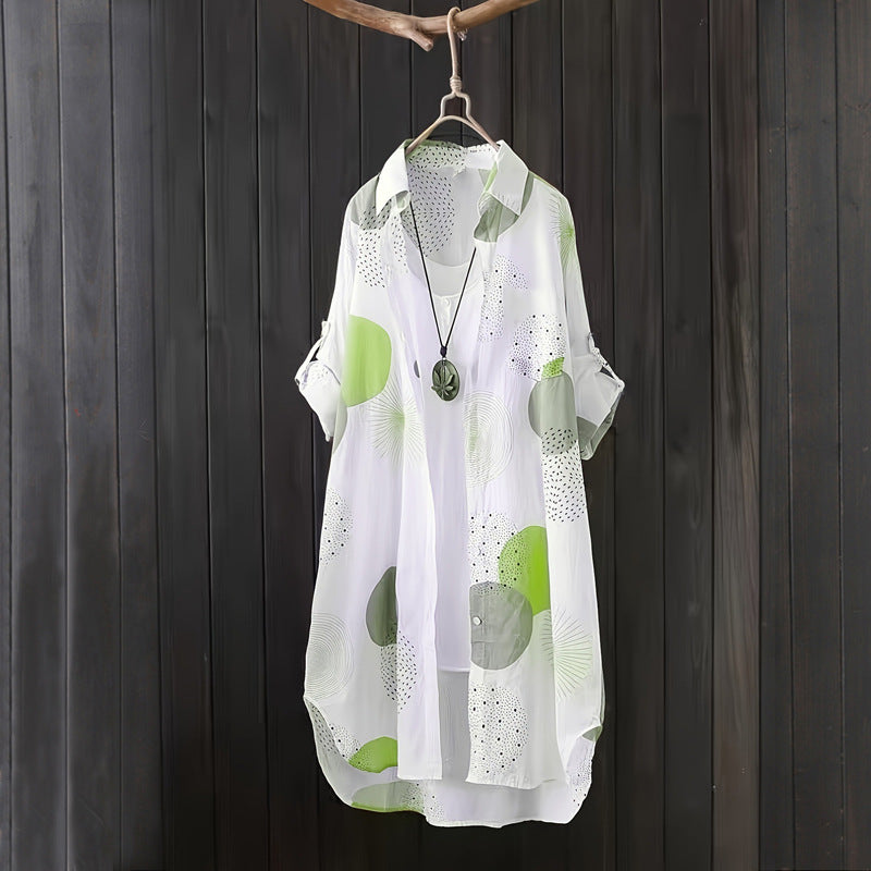 Button-up blouse for plus size women with abstract pattern Lune London