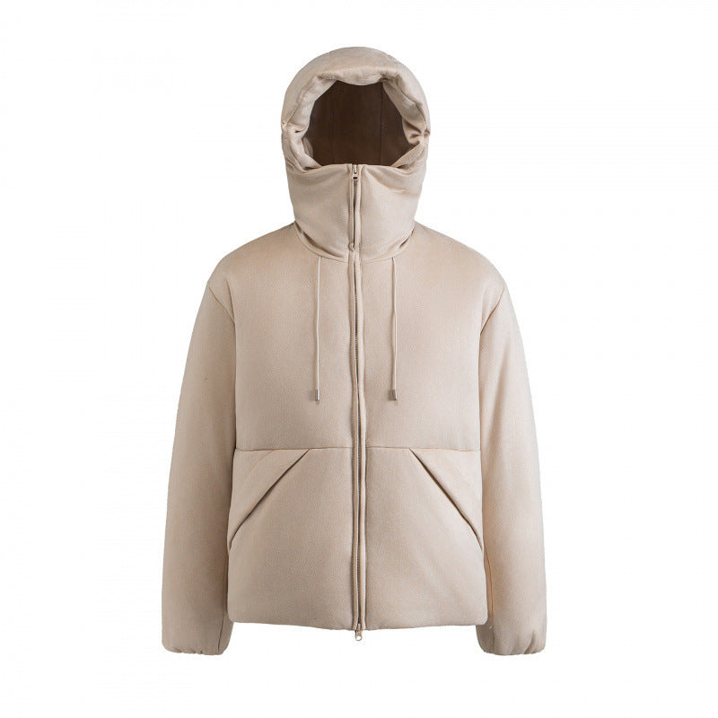 Unisex Padded Hooded Jacket in Boxy Cut with High Shawl Collar and Kangaroo Pockets Amarae